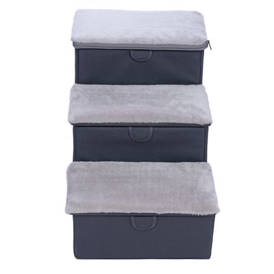 Three-step, foldable stairs with grey fabric cover and soft, fluffy surface on each step.