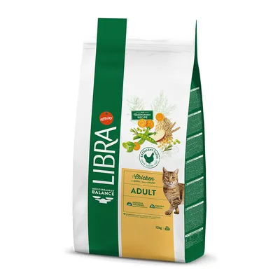 Libra Mediterranean Balance Adult Cat Food with Chicken, 12kg bag. Visible text: affinity, Mediterranean Recipe, Excellent Taste, Digestive Wellbeing, Protein, Adult.
