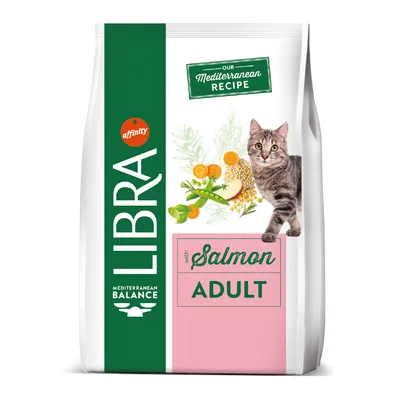Hrană pentru pisici adulte LIBRA Mediterranean Balance, cu somon. Text vizibil: affinity, Our Mediterranean Recipe, with Salmon ADULT.