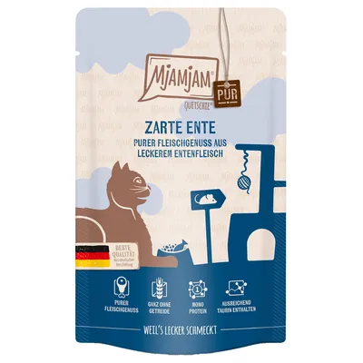 Mjamjam Tender Duck. Pure meat enjoyment from tasty duck meat. Best quality from German production. Pure, grain-free, single protein, contains sufficient taurine.