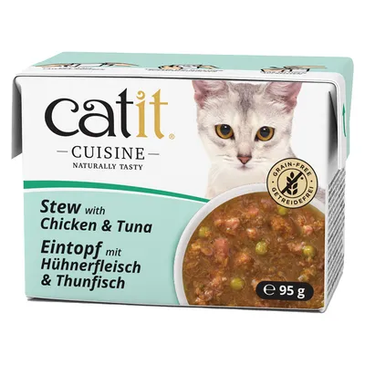 Catit Cuisine estofado con carne de pollo y atún, sin cereales, 95g. El envase muestra la imagen del producto y un gato.