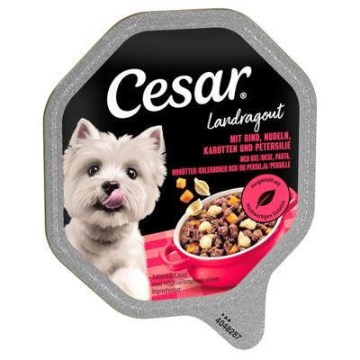 Cesar Empfehlung des Chefkochs. Mit leicht gegrillten Huhn-Stückchen, Naturreis und Gemüse in Sauce. Packung mit 28 Portionen.