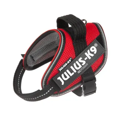 Arnés para perro Julius-K9 IDC Powair, color rojo y negro, con asa superior, hebilla de plástico y etiqueta visible con el nombre de la marca.