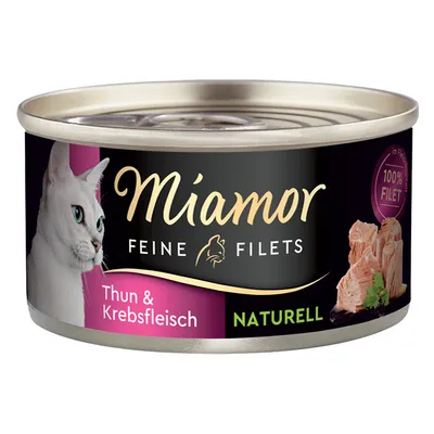 Miamor Feine Filets Thun & Krebsfleisch, Naturell, 100% Filet. Katzenfutter in Dose mit Abbildung von weisser Katze und Filetstücken.