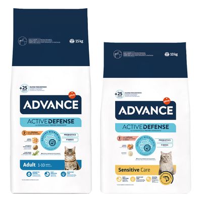 Sac de 10 kg Advance Active Defense Sensitive Care Sterilized pour chat, avec saumon, prébiotiques, fibres, bien-être digestif, soin peau et pelage, contrôle du poids, image d’un chat.