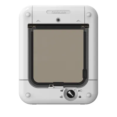 Cat Mate cat flap with rotary lock and symbols for different locking options, white housing.