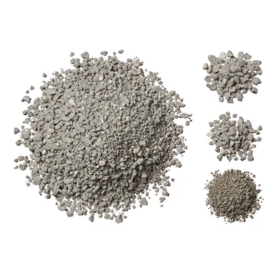 Visualizzazione di diverse granulometrie di granulato grigio, vista principale e tre viste minori con dimensioni differenti.