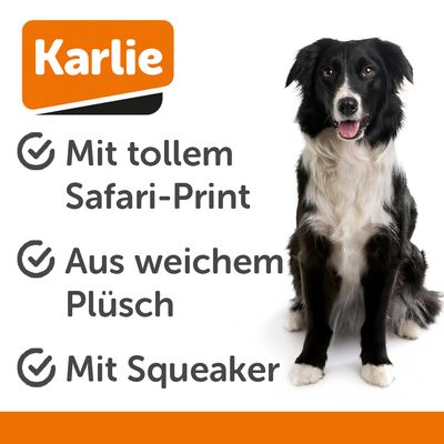 Spielzeug in Knochenform mit Leopardenmuster und schwarzen Stoffelementen, geeignet für Haustiere.