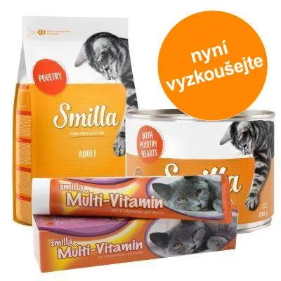 Smilla Adult Poultry, konzerva Smilla With Poultry Hearts, dvě tuby smilla Multi-Vitamin. Oranžový kruh s textem: nyní vyzkoušejte.