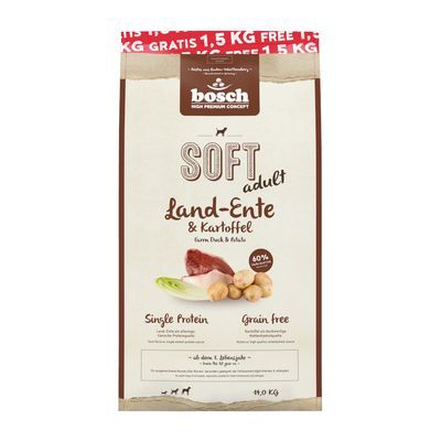 bosch SOFT adult Land-Ente & Kartoffel, farm duck & potato, Single Protein, Grain Free, 60 % animal protein, vikt 12,5 kg synlig på förpackningen.