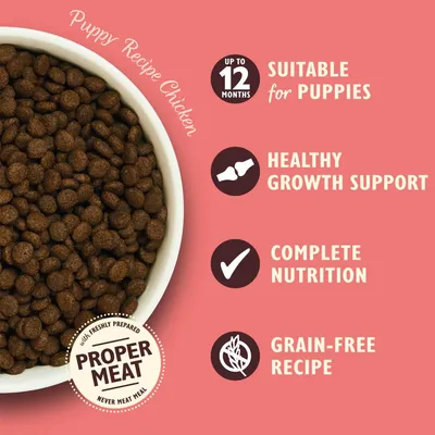Puppy Recipe Chicken, suitable for puppies up to 12 months, healthy growth support, complete nutrition, grain-free recipe, made with freshly prepared proper meat, never meat meal.