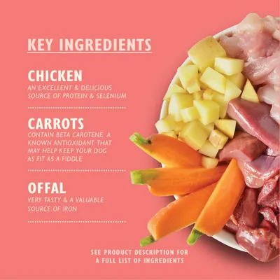 Key ingredients: chicken as a source of protein and selenium, carrots with beta carotene antioxidant, offal as a source of iron. See product description for full ingredient list.