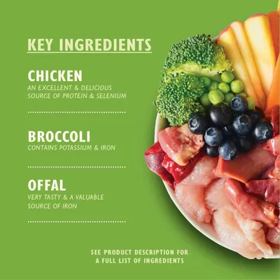 Key ingredients: chicken, an excellent source of protein and selenium; broccoli, contains potassium and iron; offal, a valuable source of iron. See product description for full list.