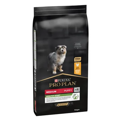Purina Pro Plan Medium Puppy <1, kana, korkea proteiini, 12 kg. Healthy Start, koiranpentujen kuivaruoka. Pakkauksessa kuva pennusta ja tekstiä englanniksi.