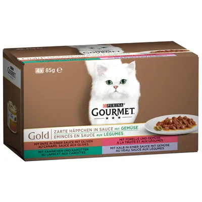 Упаковка Purina Gourmet Gold для кошек, 4×85 г. Видны надписи: кусочки в соусе с овощами, с уткой и оливками, с кроликом и морковью, с форелью и овощами, с телятиной.