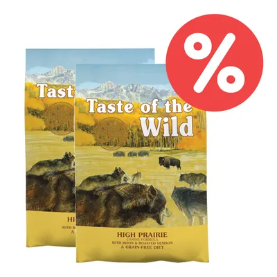 Taste of the Wild High Prairie Canine Formula mit Bison und geröstetem Wild, getreidefreie Ernährung. Zwei Packungen mit Rabatt-Symbol.