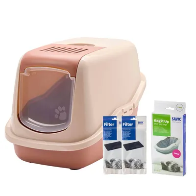 Savic Katzentoilette Nestor - Starterset: Toilette champagner rosa / toskana rot + 2 Filter + 12 Bag it up