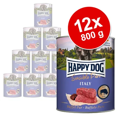 Lot de 12 boîtes Happy Dog Sensible Pure Italy, 800 g chacune. Texte visible : Büffel Pur – Buffalo Pure. Image de viande de bœuf et buffle sur l’étiquette.