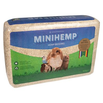 MINIHEMP hampaströ, 100 % naturligt, 10 kg. Bekvämt strö för små och stora husdjur. Förpackningen visar kanin, fågel, marsvin och iller.
