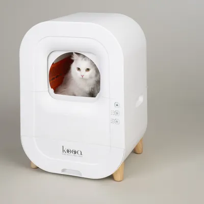 kooa. White automatic pet care device with wooden legs and controls on the side.