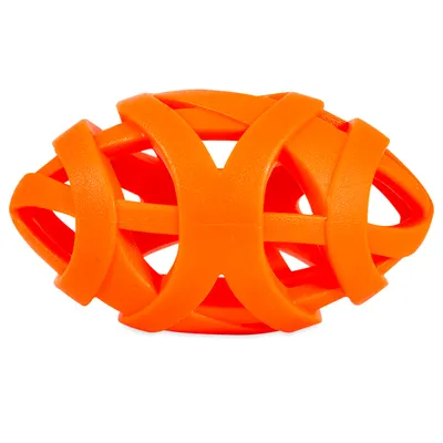 Giocattolo arancione in plastica flessibile con design aperto, adatto per il gioco interattivo.