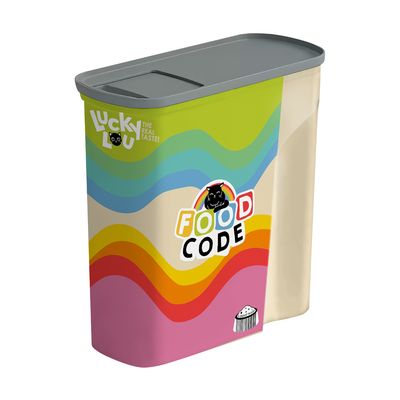 Lucky Lou Food Code Vorratsbehälter mit buntem Wellenmuster und grauem Deckel, geeignet zur Aufbewahrung von Tierfutter.