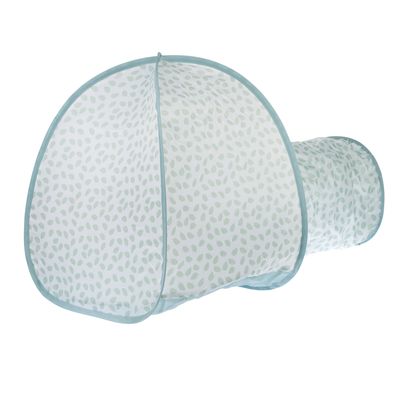 Lektält med tunnel, vitt med grönt bladmotiv och blå kant.