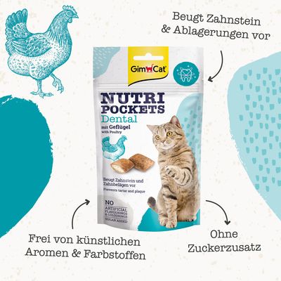 GimCat Nutri Pockets Dental mit Geflügel. Beugt Zahnstein und Ablagerungen vor. Frei von künstlichen Aromen und Farbstoffen, ohne Zuckerzusatz.