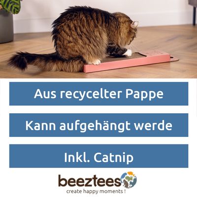 Kratzbrett aus Pappe mit rosa Umrandung und Leopardenmotiv oben. Rechteckige Form mit Loch zum Aufhängen.