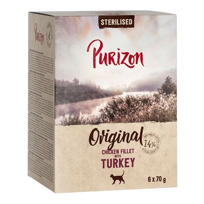 Purizon Sterilised Original kuracie filé s morčacím, 14 % kurča, 6 x 70 g. Kvalitné krmivo pre sterilizované mačky.