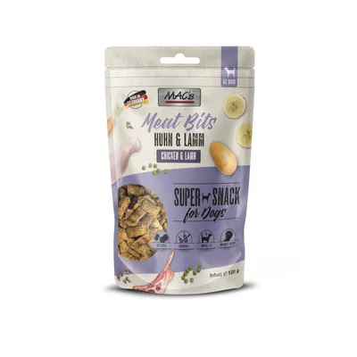 MAC's Meat Bits Huhn & Lamm Chicken & Lamb, Super Snack for Dogs, sachet de 120 g avec bouchées visibles, mentions soft bites, grainfree, omega 3+6, made in Germany.
