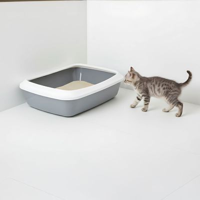 Grijze kattenbak met witte rand, rechthoekige vorm.