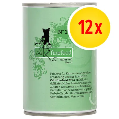 Catz finefood No 15 chicken and pheasant, pack of 12 cans. Contains chicken, pheasant, cress, dandelion. Free from preservatives, colourings, flavour enhancers, and GM ingredients.