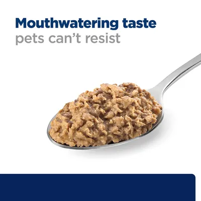 Tekst na engleskom: Mouthwatering taste pets can't resist. Žlica s paštetom za kućne ljubimce prikazana ispod teksta.