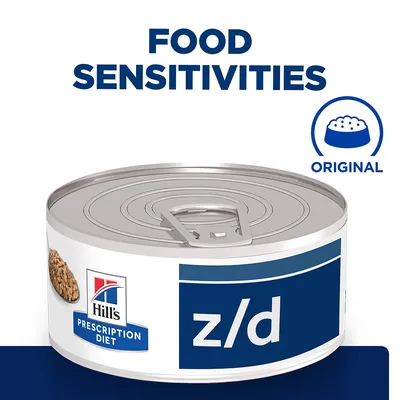 Консерва Hill's Prescription Diet z/d, надпис FOOD SENSITIVITIES, етикет ORIGINAL. Видима храна и лого на марката.