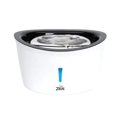 Zeus drinking fountain with white housing, black rim and visible water flow. Blue LED light on the front.