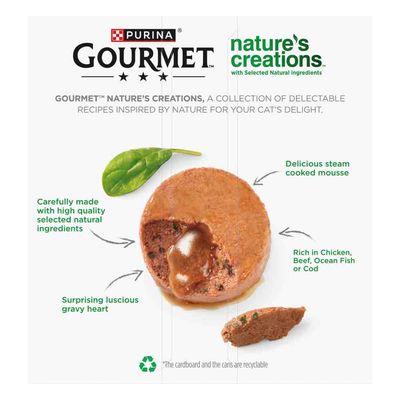 Product features: steam cooked mousse, luscious gravy heart, made with selected natural ingredients, rich in chicken, beef, ocean fish or cod. Cardboard and cans are recyclable.