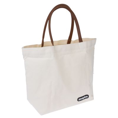 Borsa di stoffa bianca con manici marroni e logo Zooplus in basso a destra.