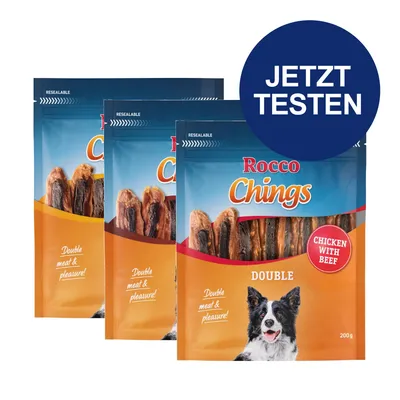 Rocco Chings Double Chicken with Beef, 200g. Text: 'Double meat & pleasure!' und 'Jetzt testen'. Verpackung mit Hundebild sichtbar. Rocco Chings Double Chicken with Beef, 200g. Text: 'Double meat & pleasure!' und 'Jetzt testen'. Verpackung mit Hundebild sichtbar.