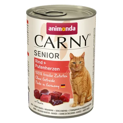 Boîte de pâtée pour chat Animonda Carny Senior, Rind + Putenherzen, 100 % frische Zutaten, Ohne Getreide, Made in Germany, image d’un chat roux et morceaux de viande visibles sur l’étiquette.