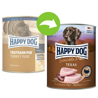 Смяна на опаковка: стара консерва Happy Dog Truthahn Pur Turkey Pure и нова консерва Happy Dog Sensible Pure Texas, видими етикети и изображения на пуйка и куче.