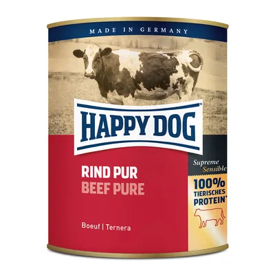 Happy Dog Rind Pur Beef Pure dåse, Supreme Sensible, 100% tierisches protein, Boeuf, Ternera, Made in Germany. Billede af ko på etiketten.