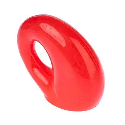 Röd, oval leksak med handtagsöppning av plast.