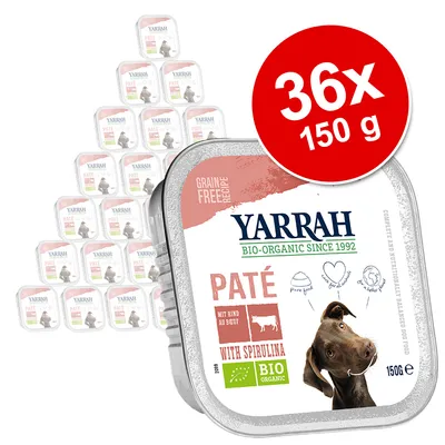 Yarrah Paté with Spirulina, naudanlihaa, 36 x 150 g. Tekstit: Grain Free Recipe, BIO ORGANIC, pure food, for all animals, mit Rind, with spirulina.