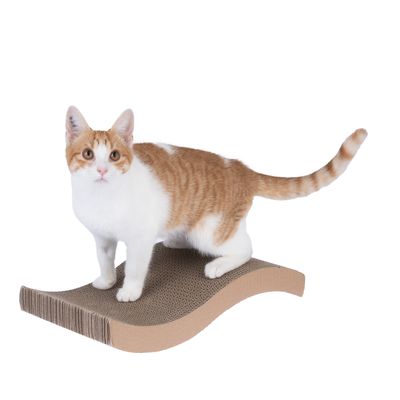 Chat roux et blanc debout sur un griffoir ondulé en carton. Griffoir de forme vague, matériau carton visible, sans marque apparente.