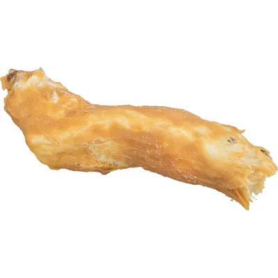 Sušený žuvací snack z kuracej kože, podlhovastý tvar, zlatohnedá farba.