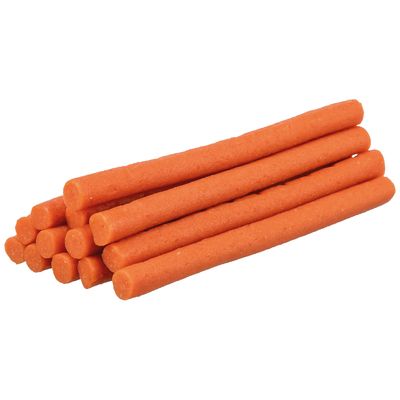Bâtonnets orange pour animaux, présentés en pile, sans emballage ni marque visible.