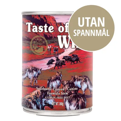 Taste of the Wild Southwest Canyon Canine Formula Stew, burk 390 g. Text: UTAN SPANNMÅL. Synlig text på engelska: A grain-free diet.
