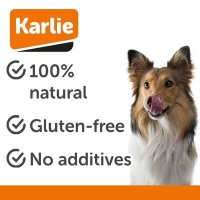 Karlie Beef Jerkies, senza glutine. Confezione con immagine di un cane e www.karlie.de.