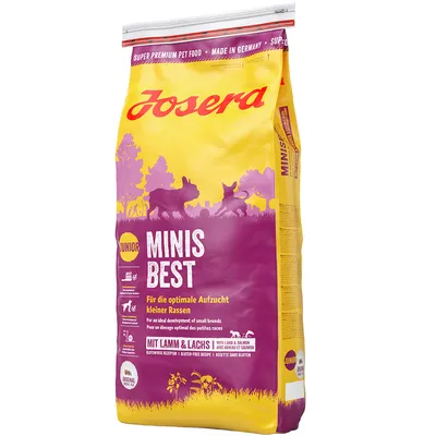 Josera Minis Best Junior, безглутенова рецепта с агнешко и сьомга, за оптимално отглеждане на малки породи. Super Premium Pet Food, Made in Germany.